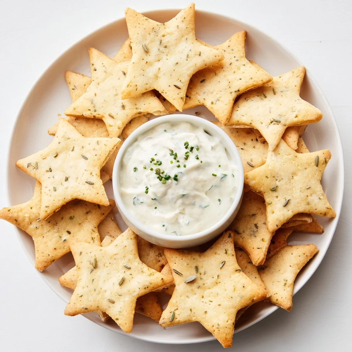 Festive Holiday Crackers in a star shape with a creamy dip, ready to be enjoyed with friends.