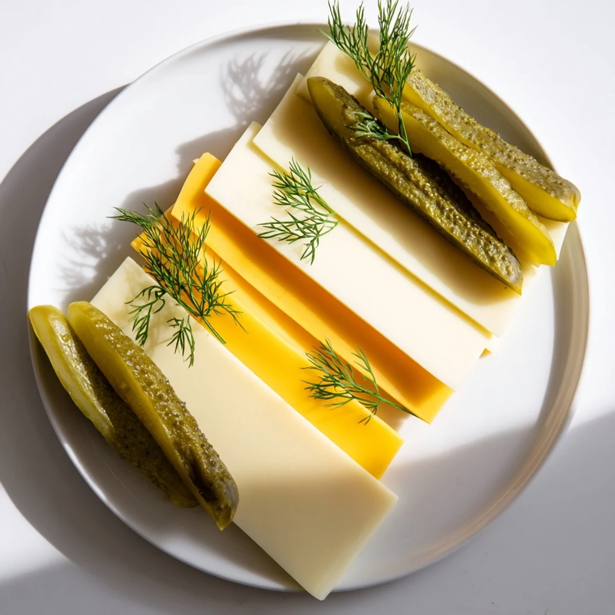 *   Köstliche Dill-Pickles und Käsescheiben, arrangiert auf einem Teller, perfekt als einfacher amerikanischer Appetit.