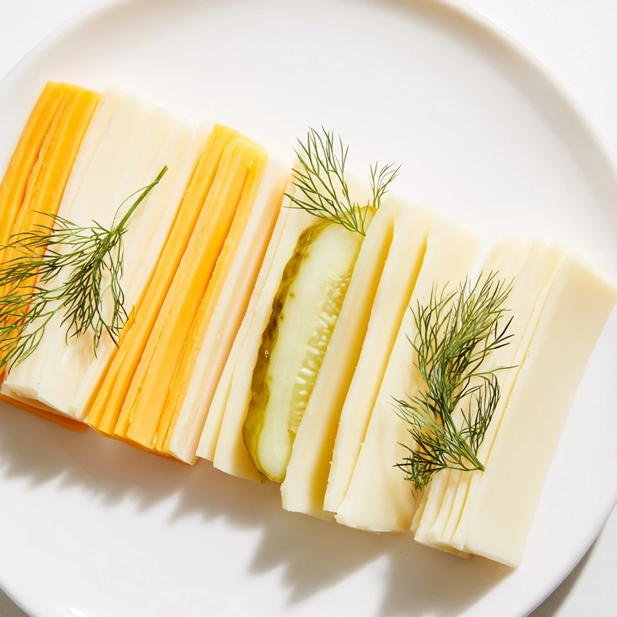 *   Nahaufnahme von knusprigen Dill-Pickles, kombiniert mit cremigen Käsesorten, ein toller Snack-Appetizer.