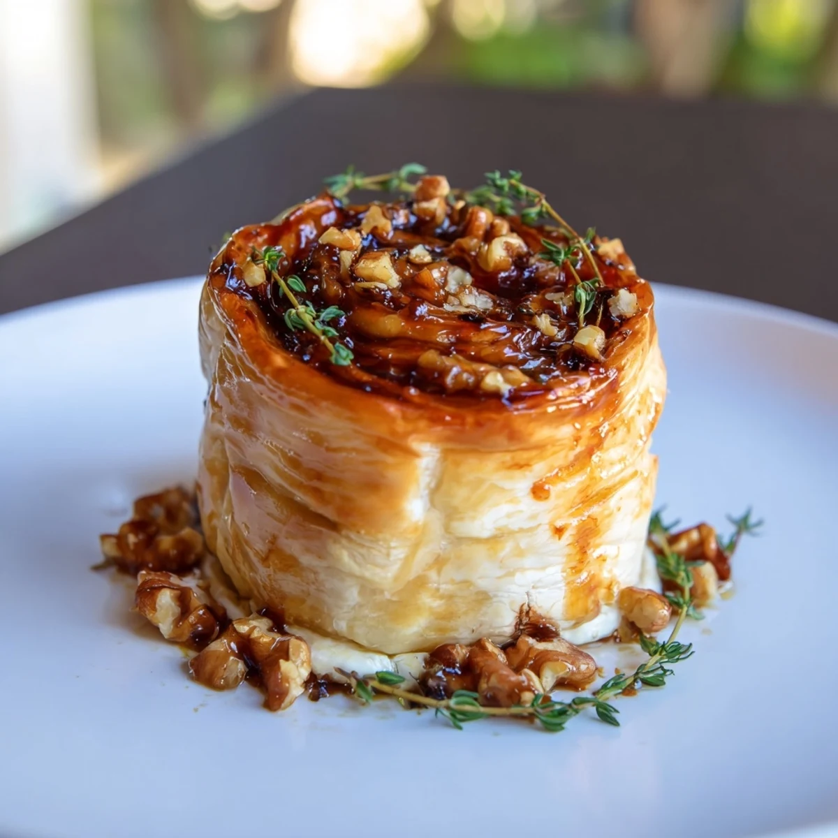 A creamy, melted Baked Brie with a glistening fig jam swirl ready to be served.