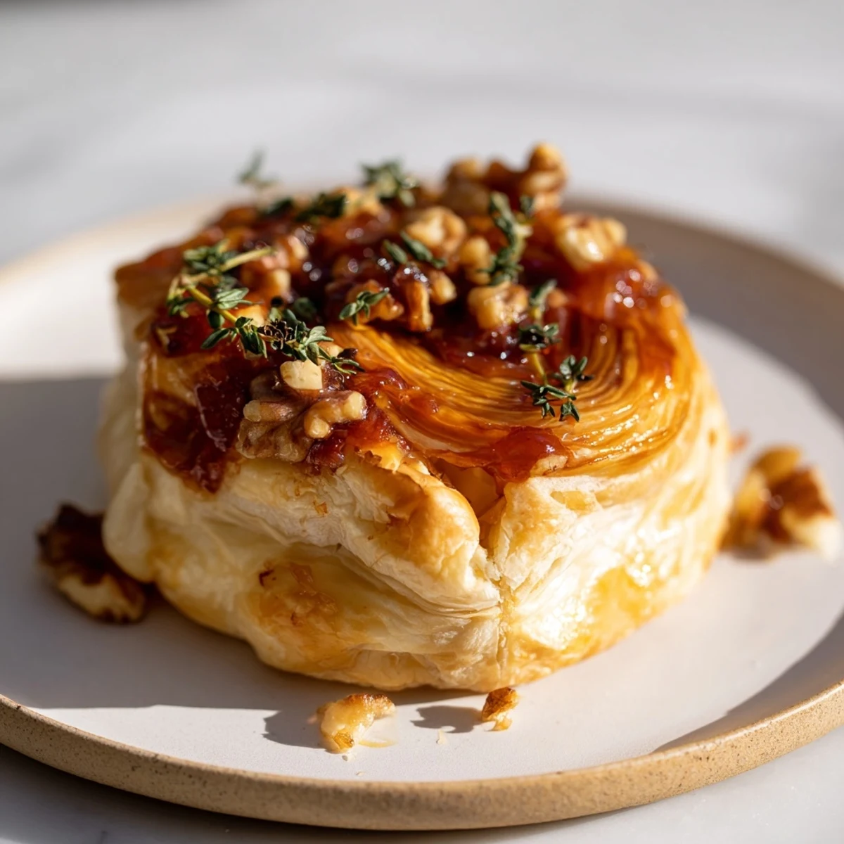 Close-up of a warm, bubbling Baked Brie wheel with fig jam, ready to be enjoyed.
