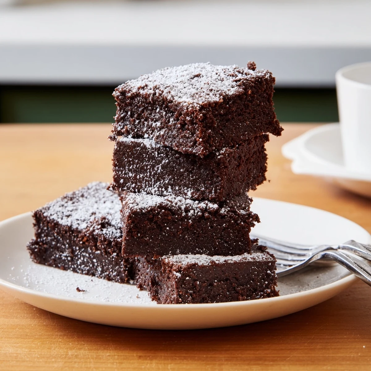 Fudgy, rich brownie squares, dusted with powdered sugar, ready to be enjoyed.