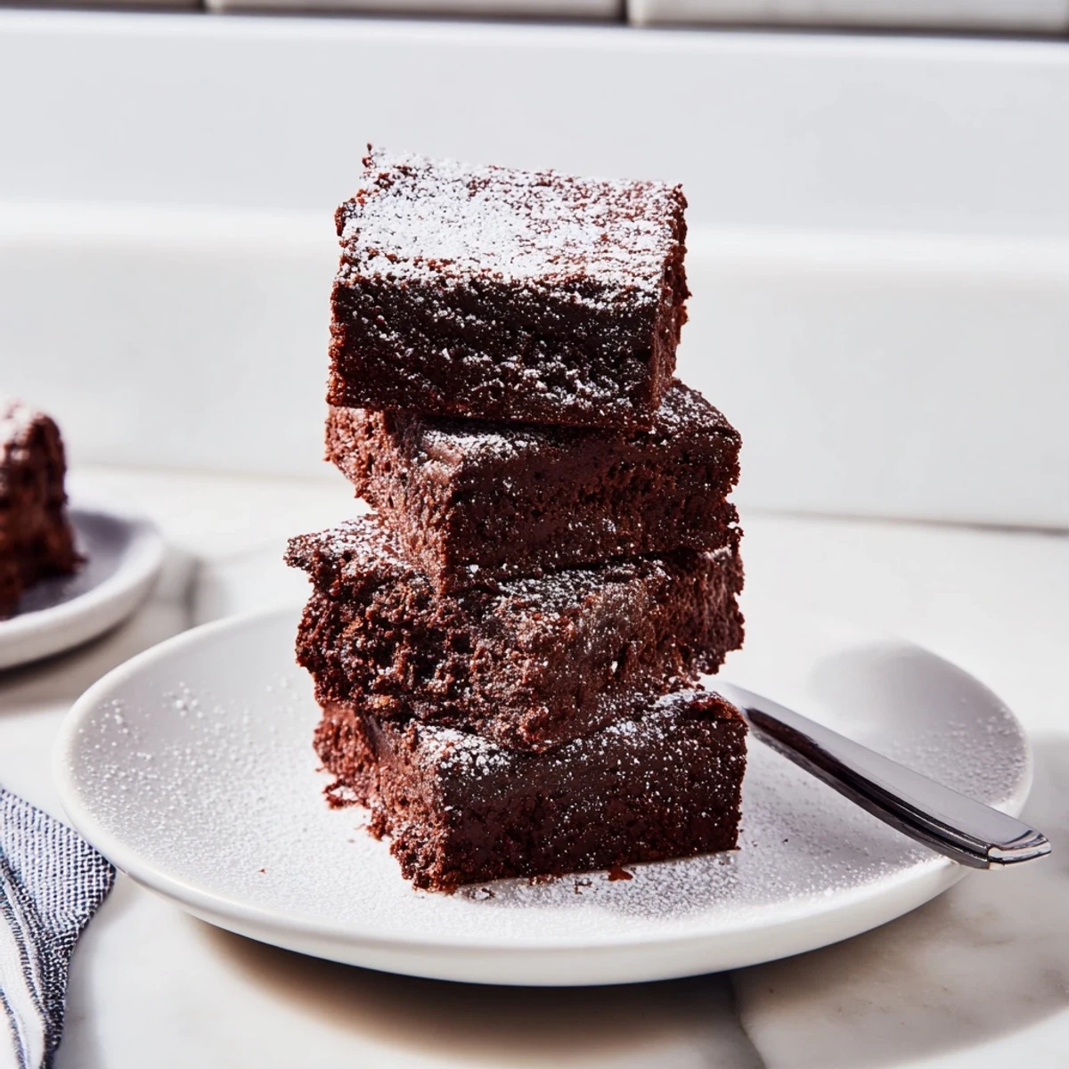 Close-up of perfectly cut brownie squares with fluffy powdered sugar dusting for dessert.