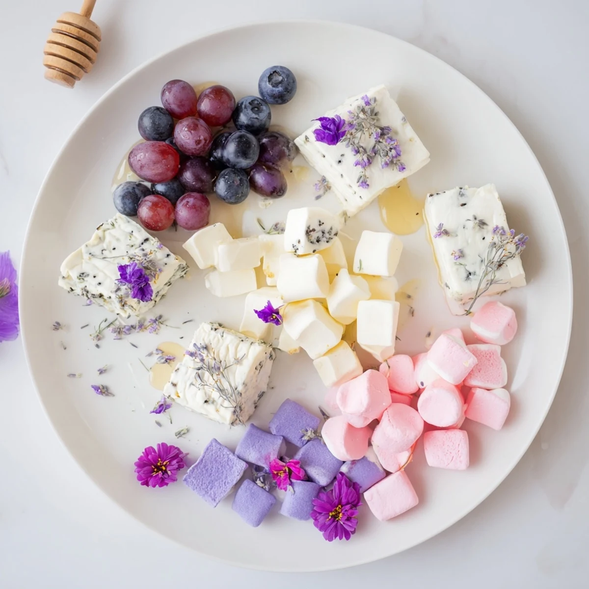 This Lavender Haze Dreamscape cheese board features lavender goat cheese, brie, and violet candies for a lovely appetizer.