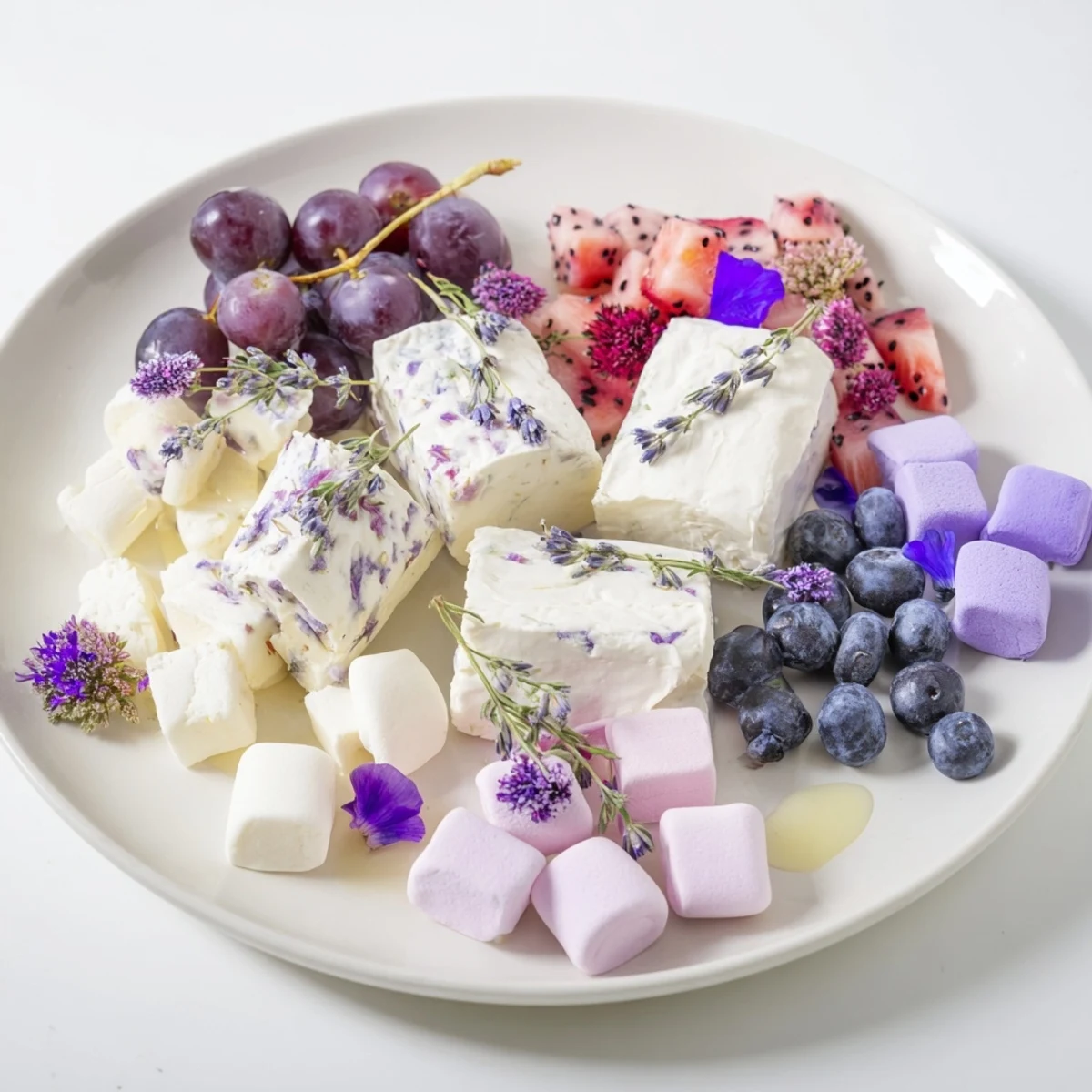 A dreamy Lavender Haze Dreamscape cheese board arranged with purple grapes, fresh blueberries, and creamy white cheeses.