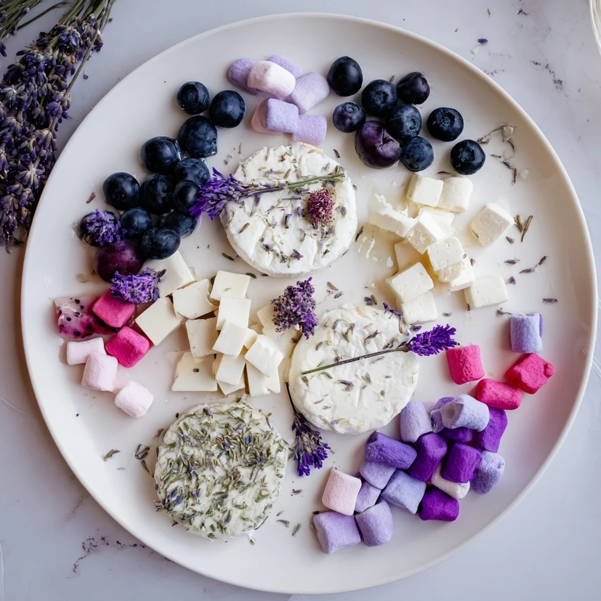 The whimsical Lavender Haze Dreamscape cheese board offers pastel hues, edible flowers, and sweet flavors in a spread.