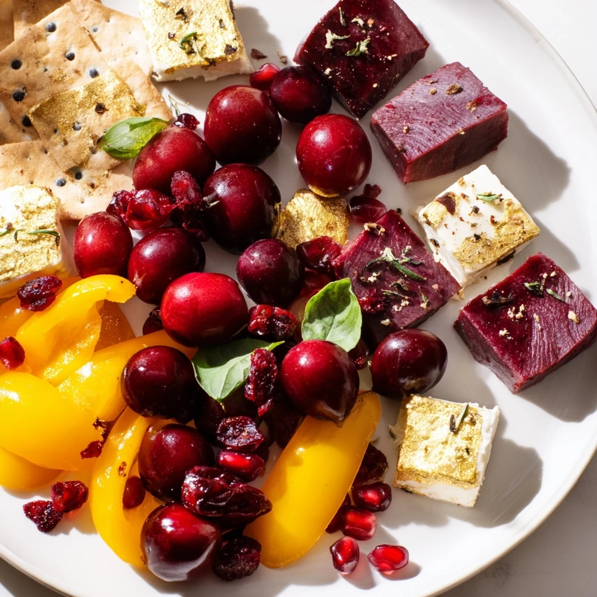 Crimson & Gold Gala, a vibrant appetizer platter with red cherries, cheese, peppers, and golden crackers.