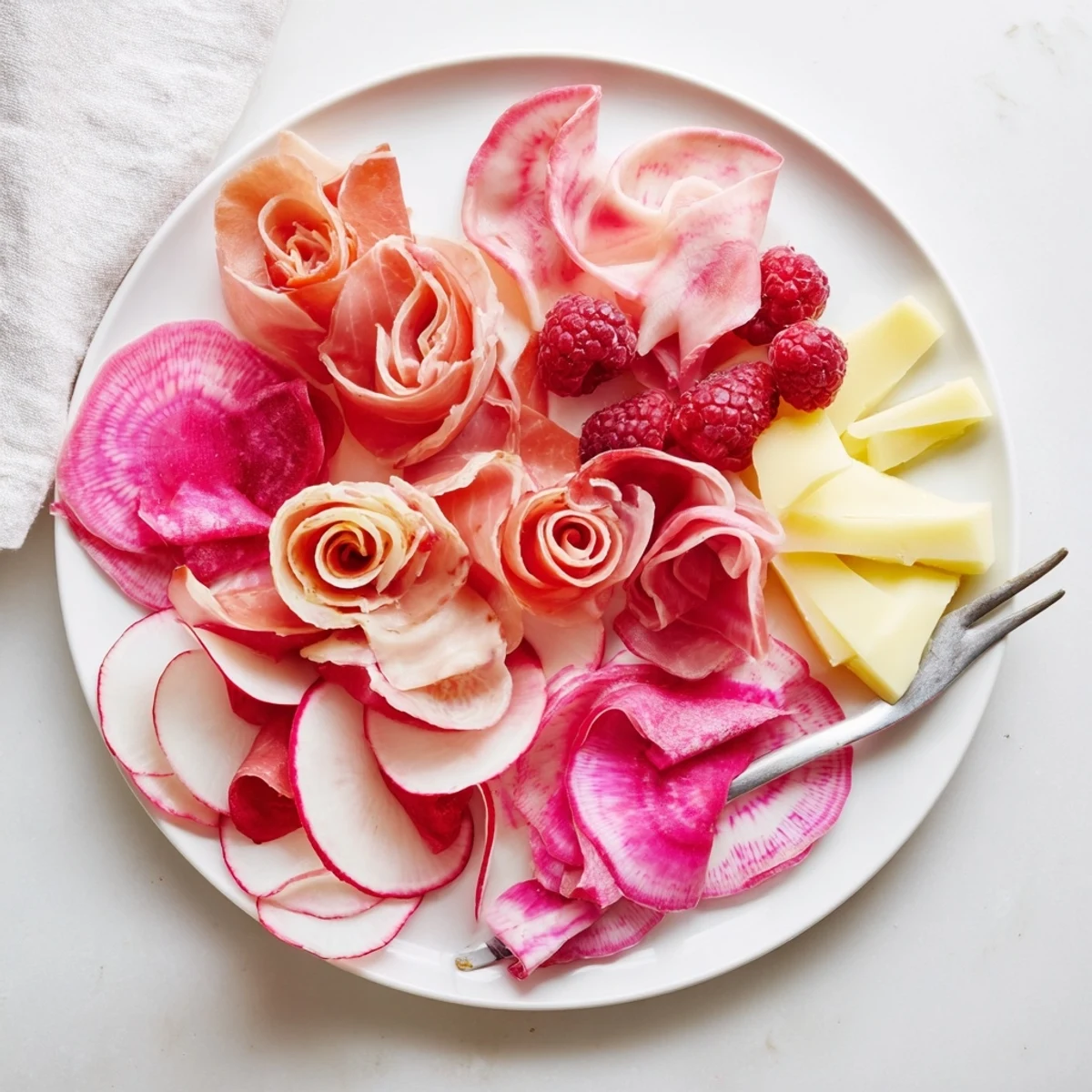A visually stunning Pink Petal Watercolor Wash appetizer platter with vibrant pink charcuterie.