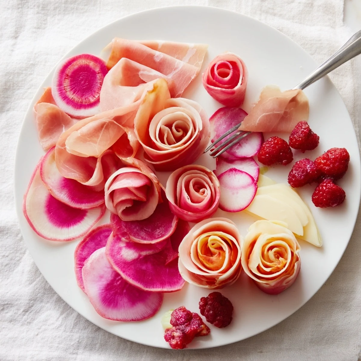 Fresh strawberries and raspberries alongside a colorful Pink Petal Watercolor Wash platter, perfect for brunch.