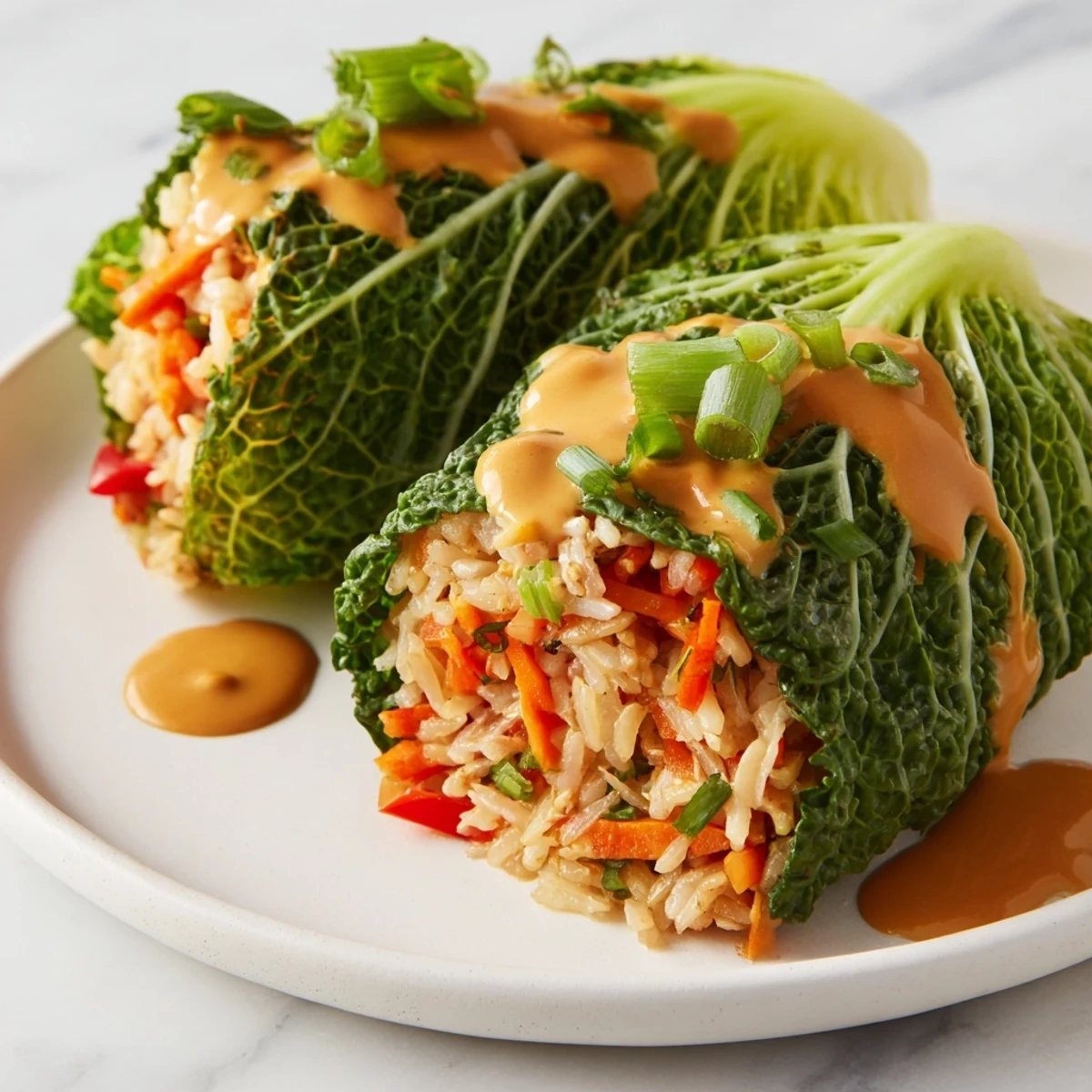 Savoy Cabbage Rolls with Thai Peanut Sauce resting on a plate, ready to be enjoyed with the spicy-sweet sauce.