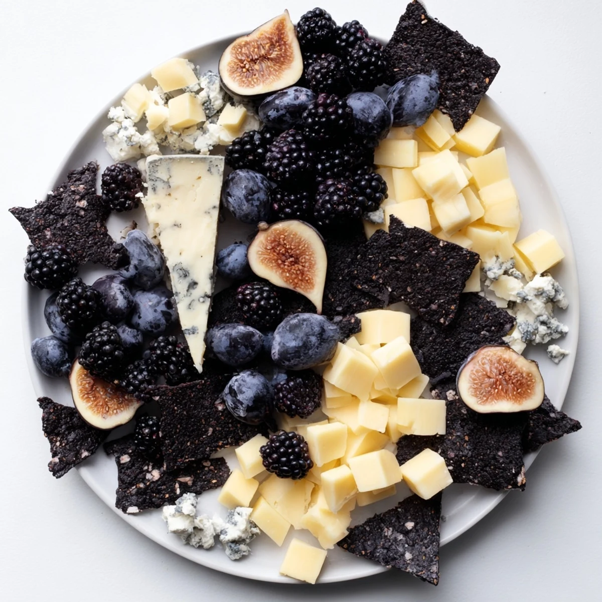 Deep Indigo Midnight Sky cheese board, gorgeous with blackberries, figs, and creamy goat cheese stars.