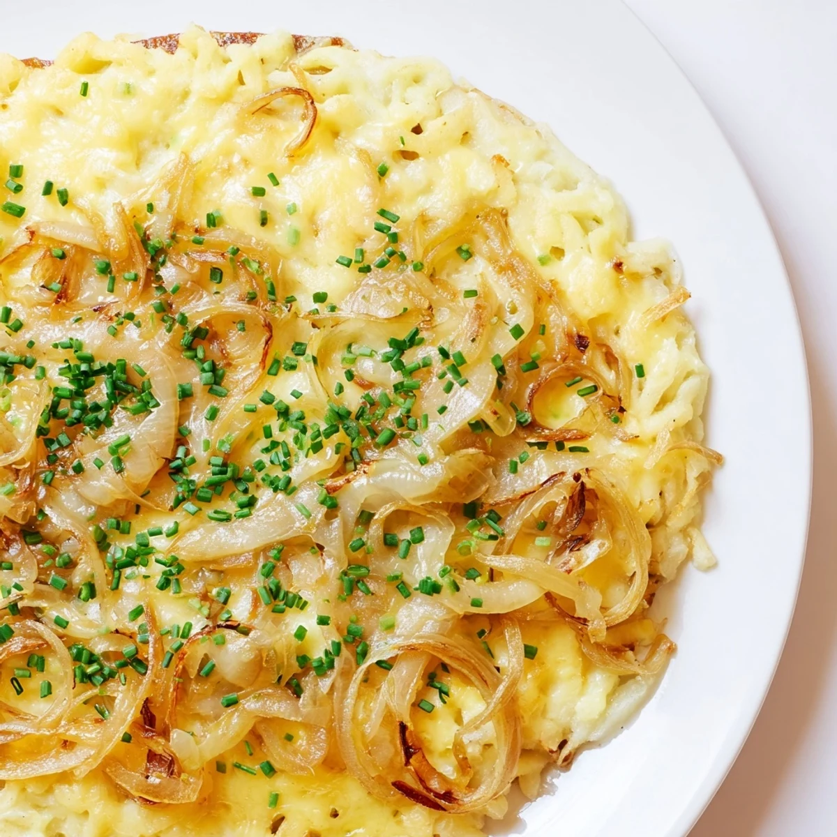 Golden, bubbly Cheesy Spaetzle Skillet featuring melted cheese and caramelized onions for dinner.
