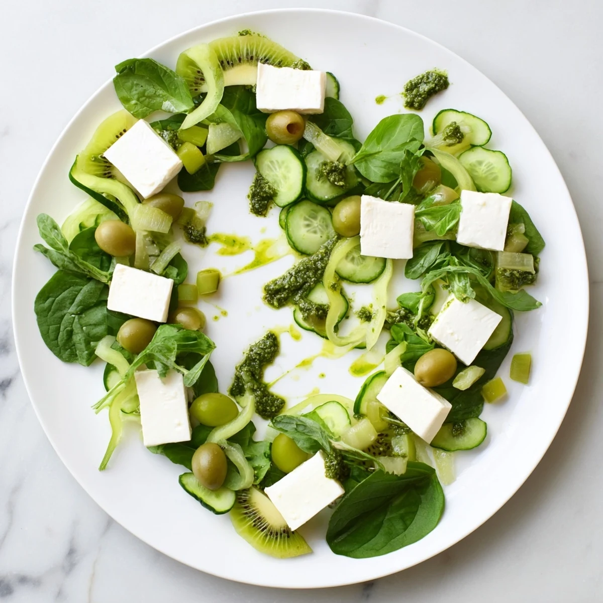 Emerald Isle Greenscape salad with a creamy mozzarella river and fresh basil leaves.