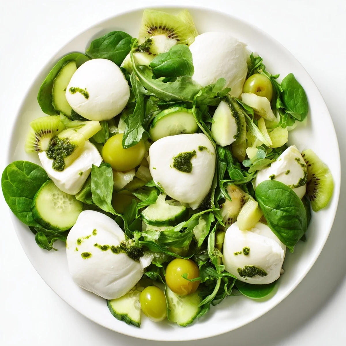 Freshly tossed Emerald Isle Greenscape salad with juicy grapes and drizzled pesto dressing is ready.