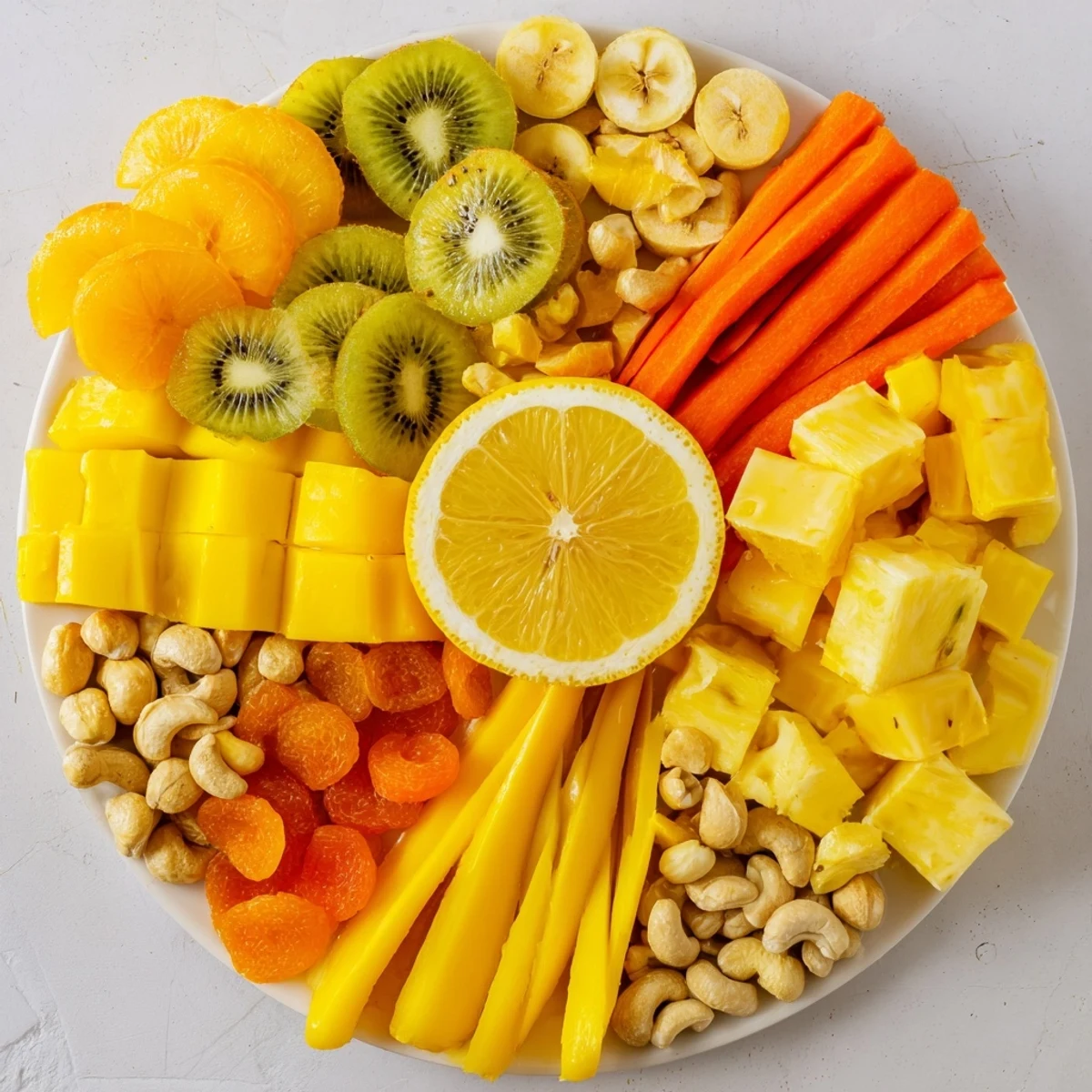 A vibrant Sunny Yellow Citrus Burst grazing board with colorful fruits and cheeses.