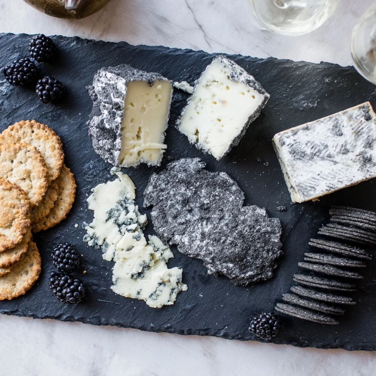 A monochrome Gray Stone Cheese Board, complete with ash-rinded cheeses, is ready to be tasted.