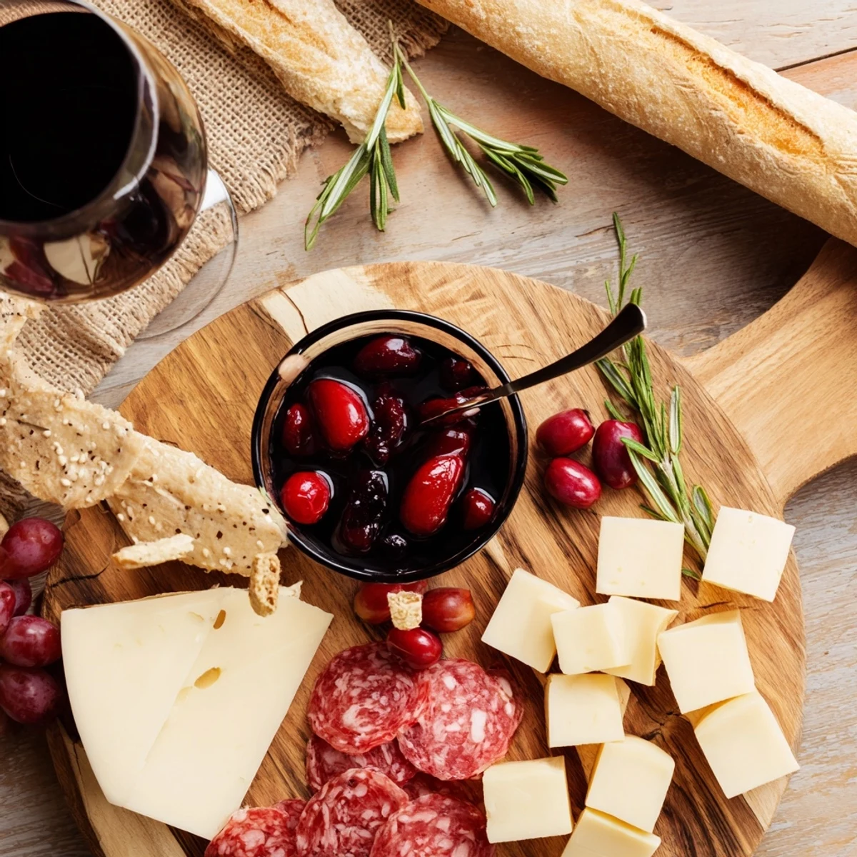 Ruby Red Wine Stain Board with vibrant cheeses, salami, and crackers, a perfect appetizer.