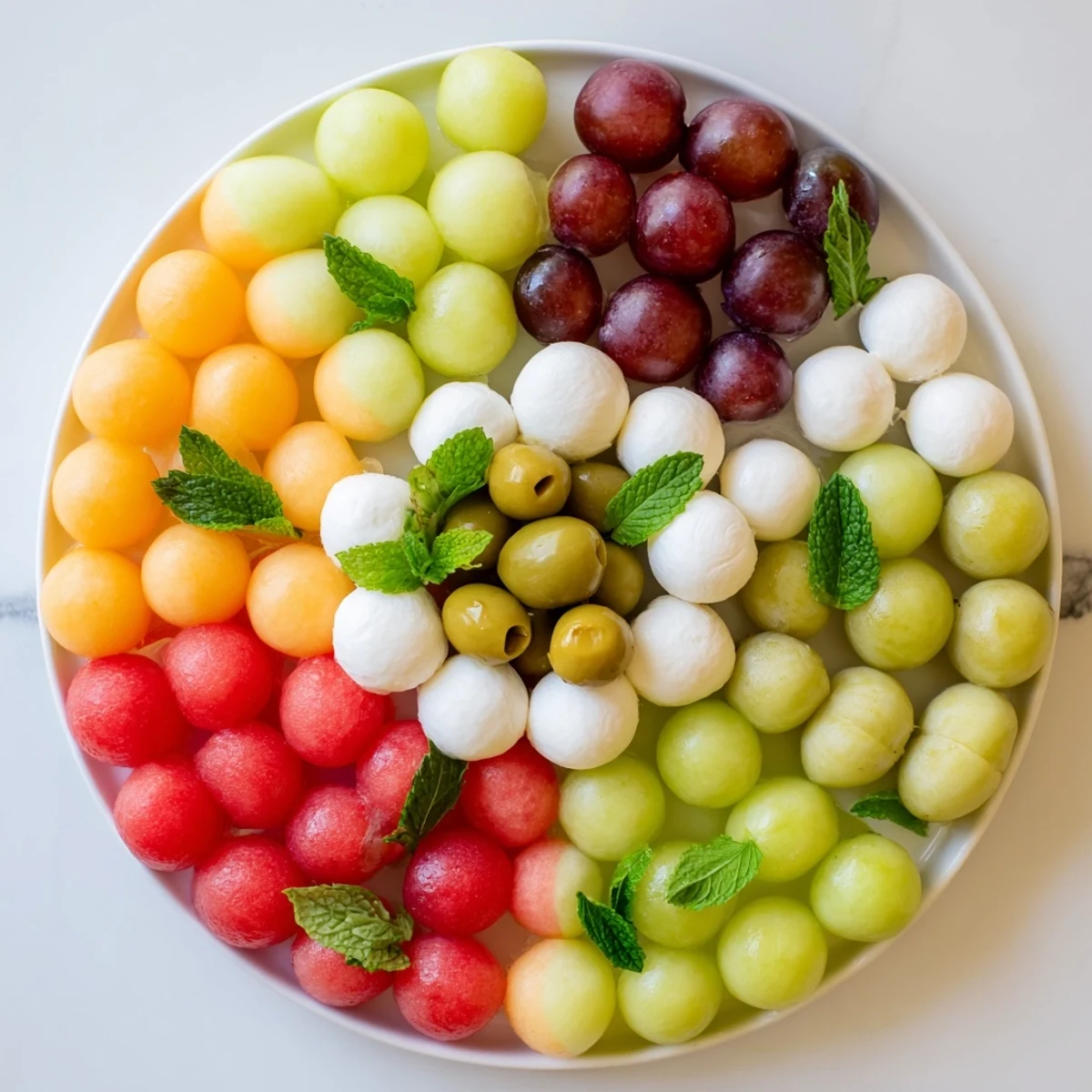 A colorful photo showcases a festive The Polka Dot Platter, featuring melon and cheese spheres.