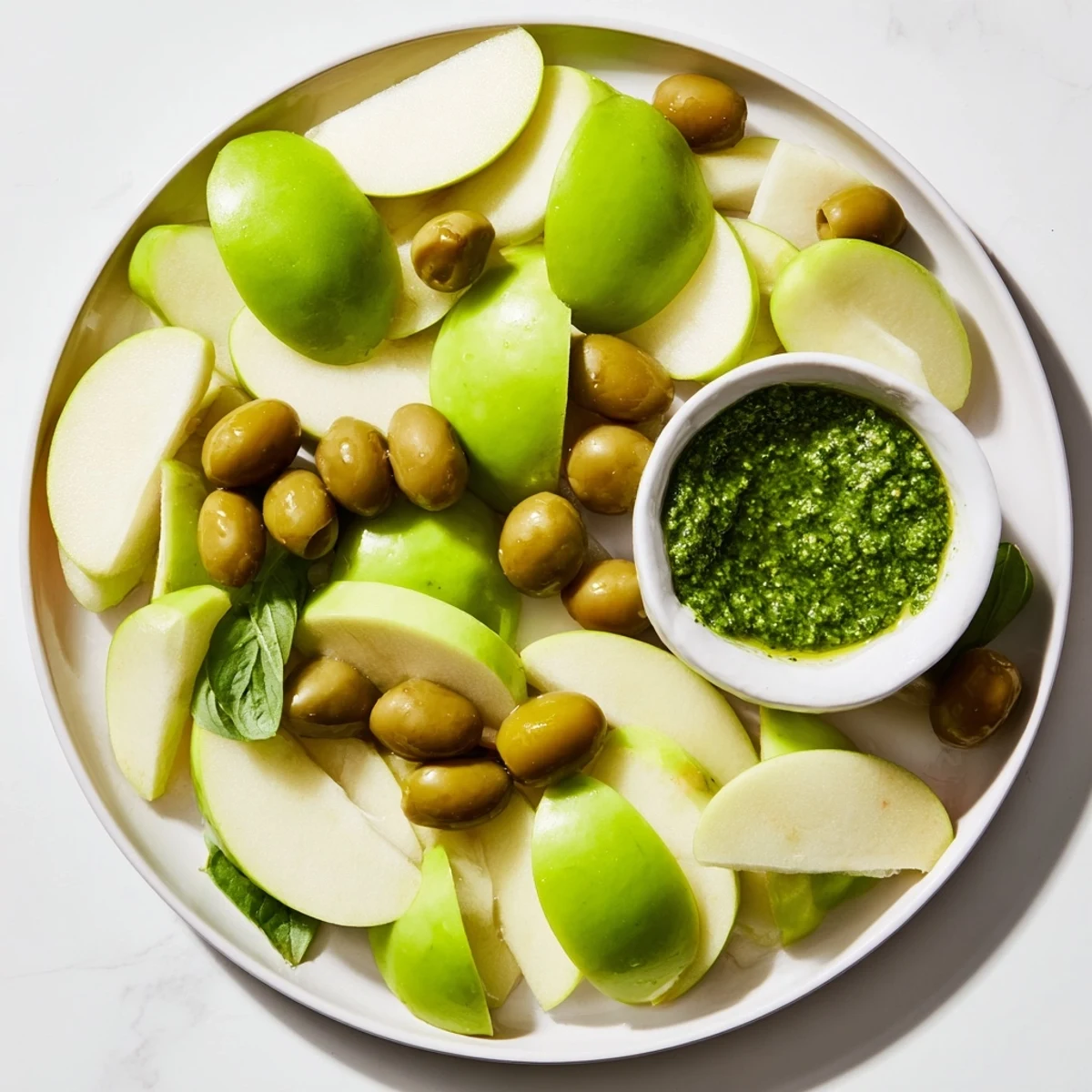 Vibrant green "Emerald City" snack board featuring crisp apples, pesto, and zesty limes.
