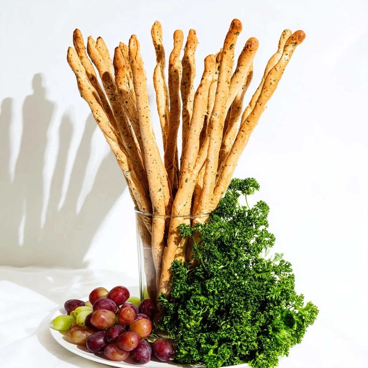 Appetitliche "Vertical Forest" Vorspeise: knusprige Brotstangen, umgeben von Trauben und Petersilie.