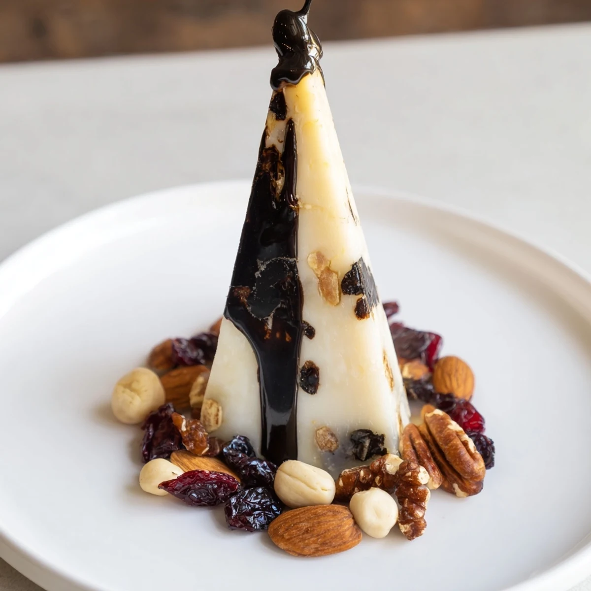 A visually stunning "Sundial" cheese board: hard cheese, balsamic, and nut clusters, ideal for entertaining guests.