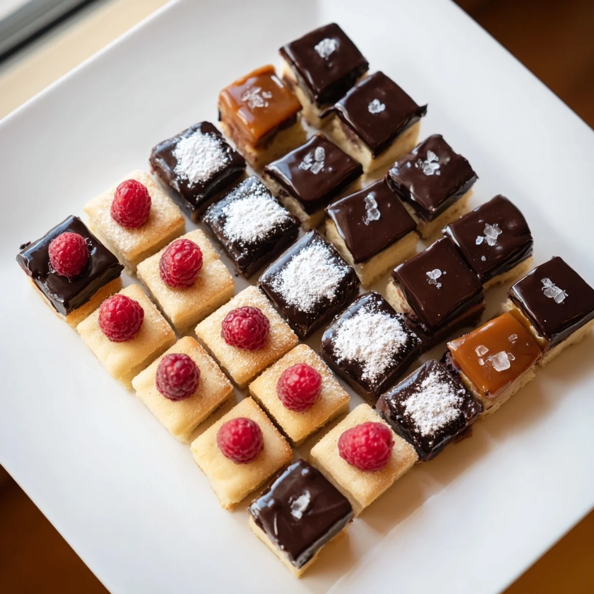 A delightful view of the Checkerboard Terrace dessert's alternating squares: a playful treat.