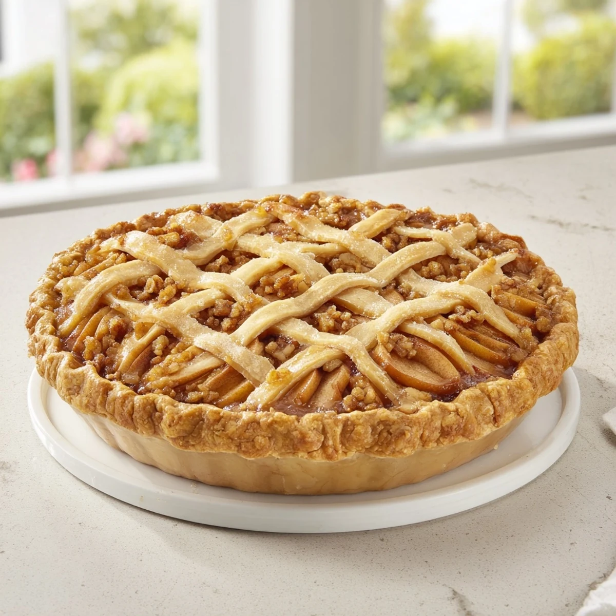 A lattice orchard tart, this dessert has a woven apple lattice topping with honey walnuts.