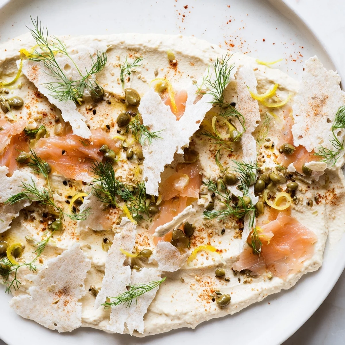 A serving of The Driftwood Beach appetizer, with smoked fish and hummus on the platter.