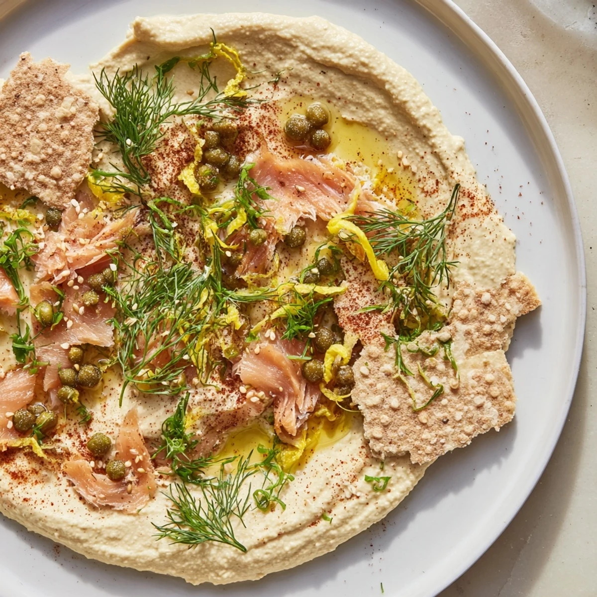 Golden, flaky smoked fish with hummus and crackers in The Driftwood Beach recipe.