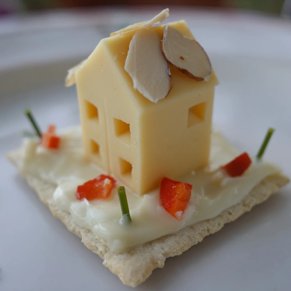 A festive Alpine Village appetizer features charming cheese houses with almond roofs atop snowy crackers.