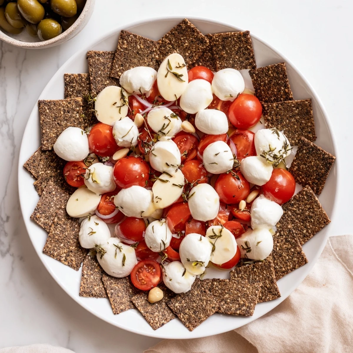 A monochromatic Black and White Formal Affair appetizer platter, featuring olives and mozzarella.