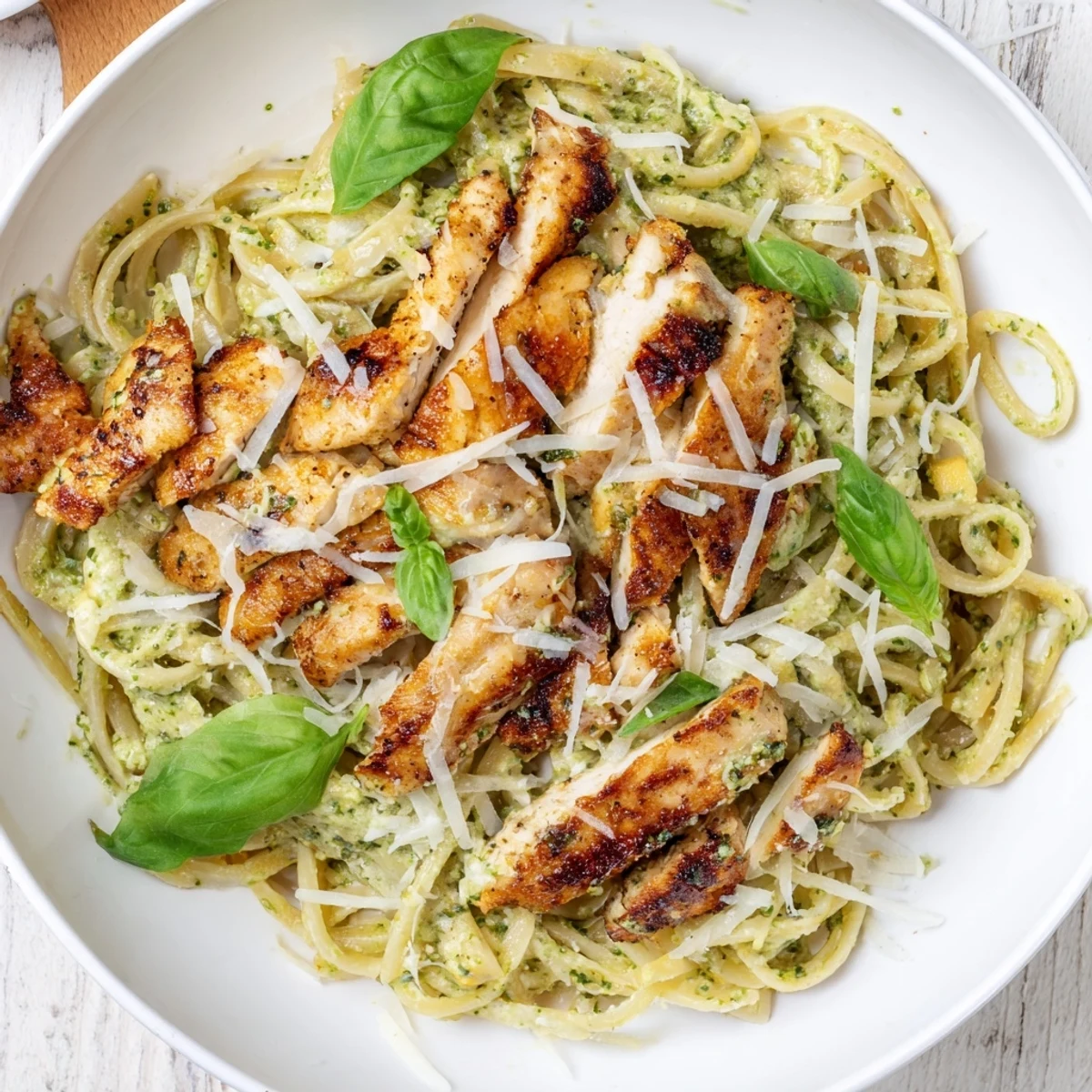 Creamy Pesto Egg and Chicken Pasta: a close-up on a skillet of golden pasta with chicken.