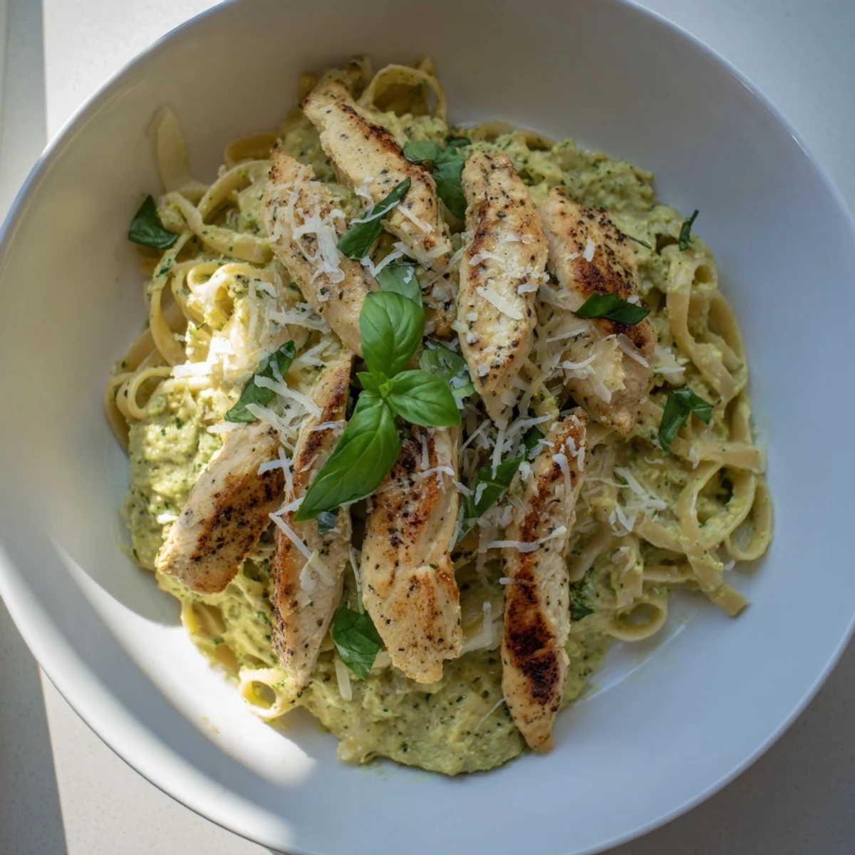 Enjoy flavorful Pesto Egg and Chicken Pasta, a vibrant pasta dish for a satisfying dinner.