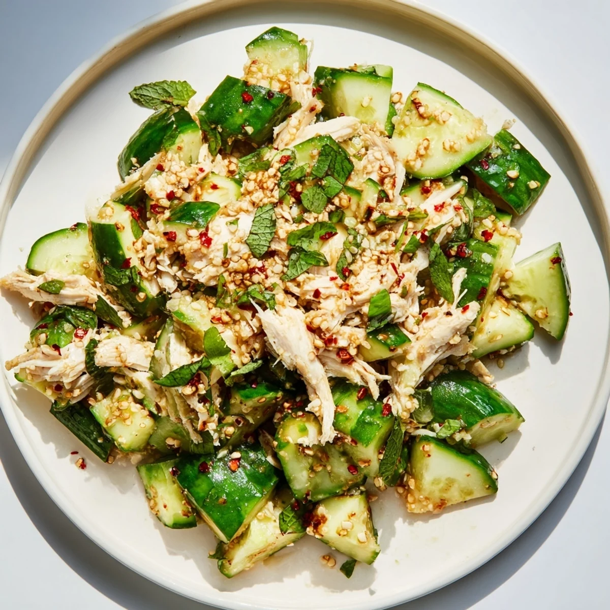 Whole Cucumber Logan Salad with shredded chicken, a vibrant and flavorful Asian-inspired salad.