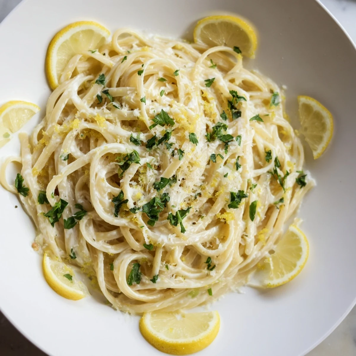 Creamy Lemon-Garlic Greek Yogurt Pasta, ready to serve with fresh parsley and Parmesan cheese.