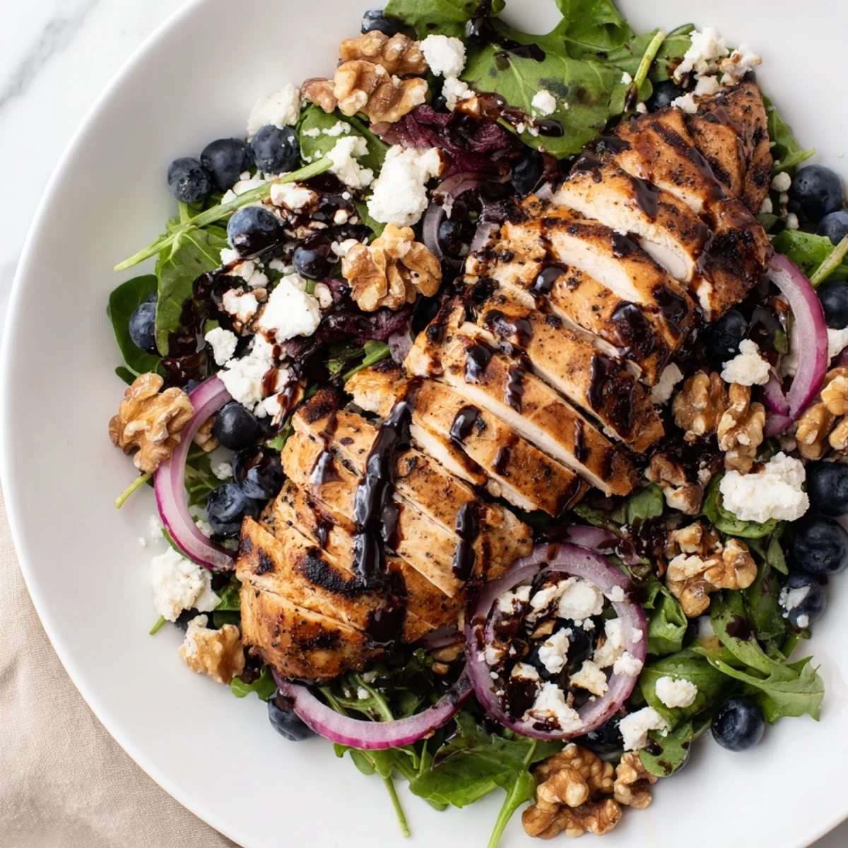 Arugula salad with grilled chicken, blueberries, and creamy goat cheese.
