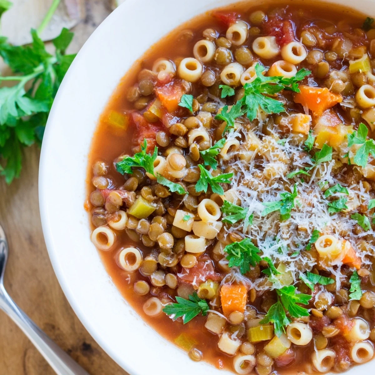 Warm bowl of Ditalini and Lentil Soup, garnished with parsley and ready to eat.