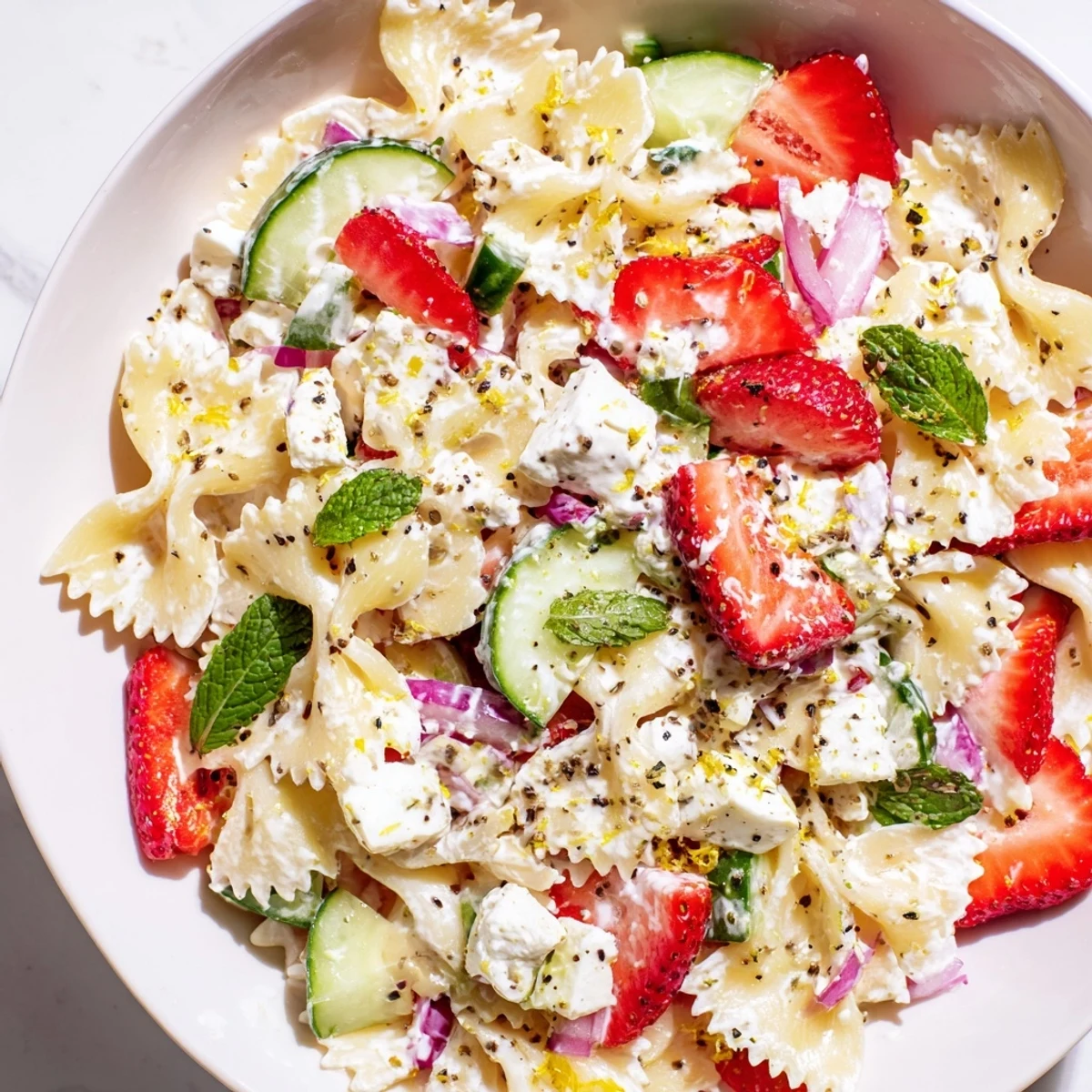 A vibrant bowl of Strawberry Feta Pasta, showing refreshing strawberries, feta, and chilled pasta.