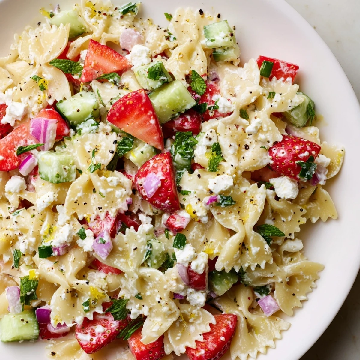Cold and delicious Strawberry Feta Pasta salad, a refreshing main dish recipe ready to eat.