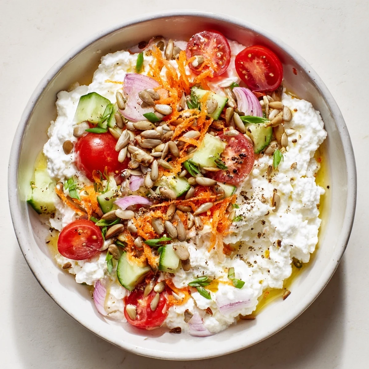 Creamy cottage cheese snack bowl, a high-protein remix with colorful veggies and sunflower seeds.