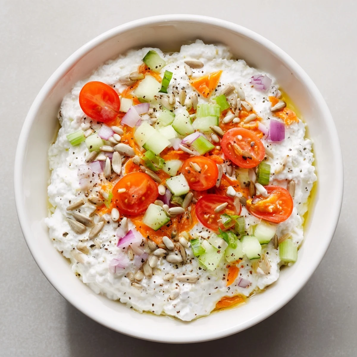 Delicious cottage cheese snack bowl, drizzled with olive oil, perfect for a quick, healthy snack.