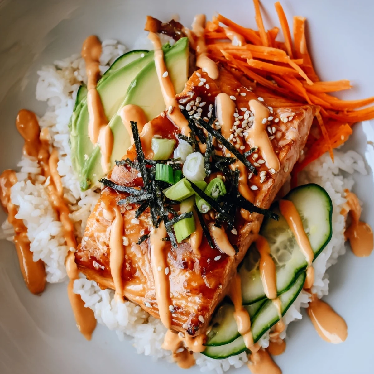 Savory teriyaki salmon rice bowl with avocado slices, a beautifully composed, fresh weeknight meal.