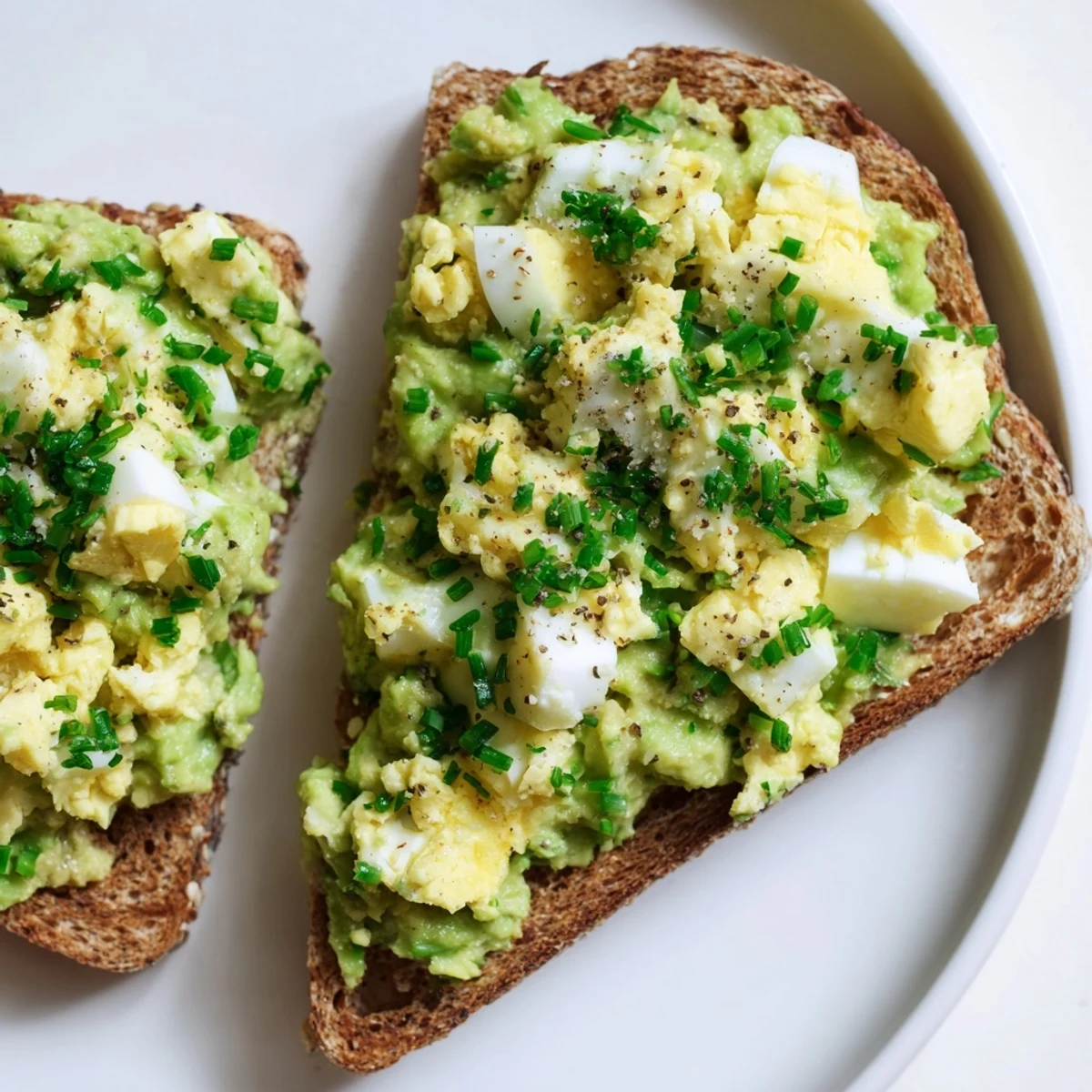 A close-up of avocado egg smash, showing the texture of the mashed avocado and herbs.