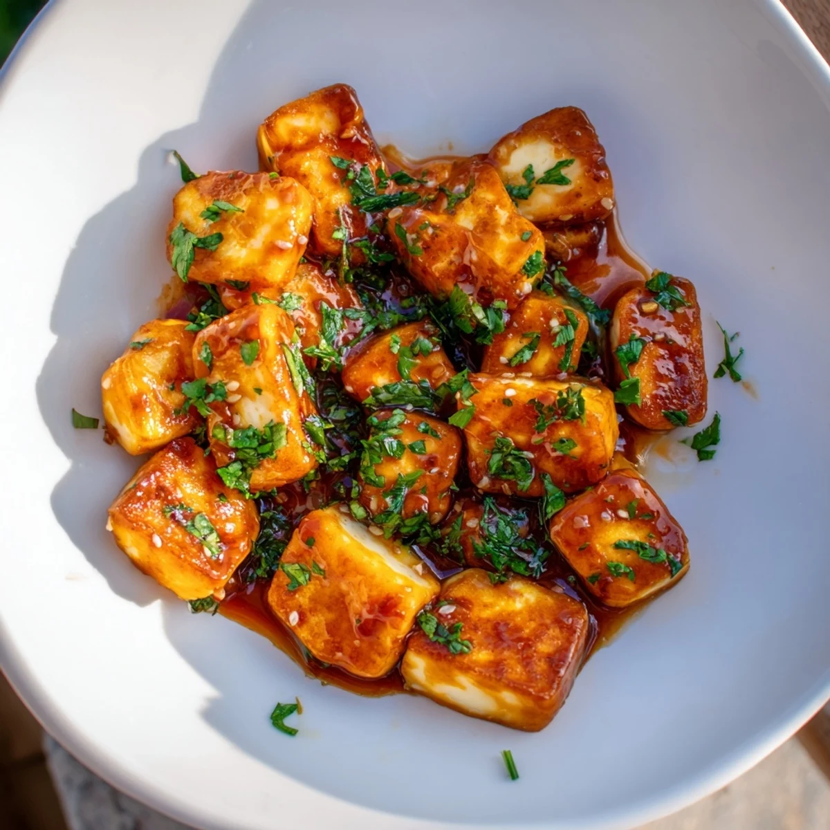 Knuspriger, goldbrauner Hot Honey Halloumi, überzogen mit süß-scharfem Honig, ein Fest für die Sinne.