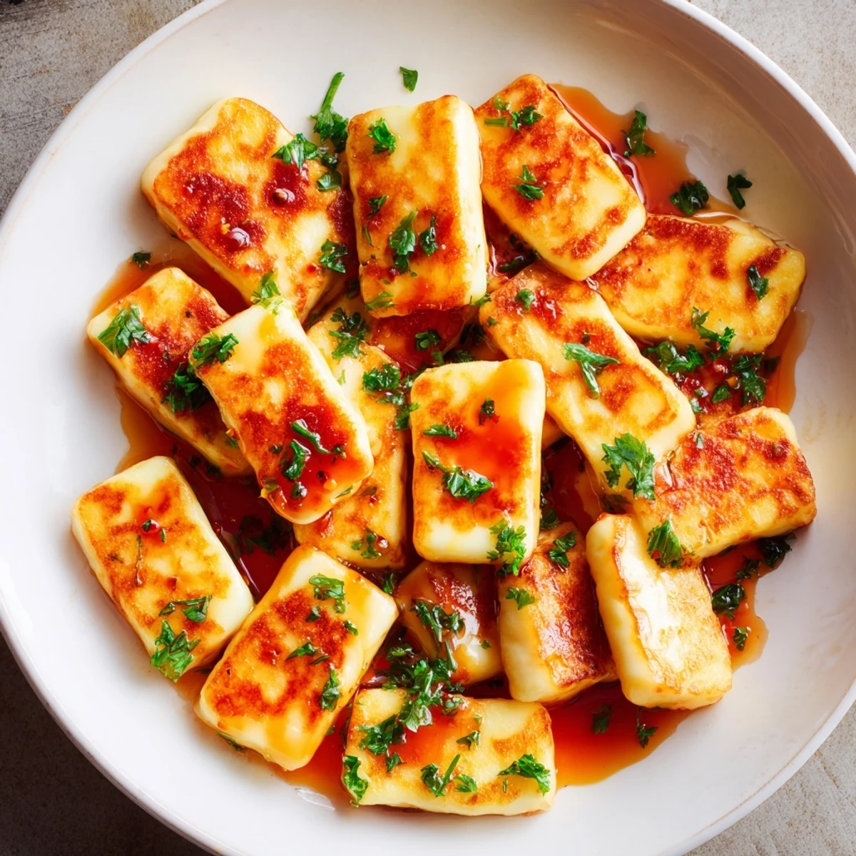 Gegrilltes Halloumi-Käse-Rezept mit schmackhaftem, scharfem Honig, garniert mit frischer Petersilie und Zitrone.