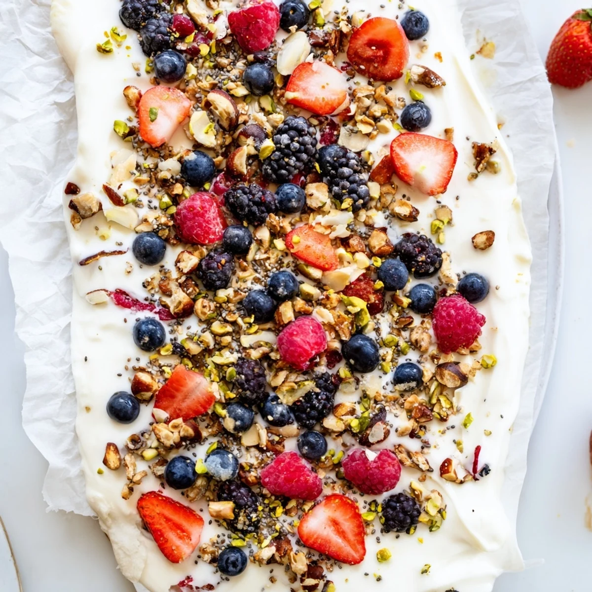 Colorful frozen fruit yogurt bark with berries and granola, a healthy snack idea.