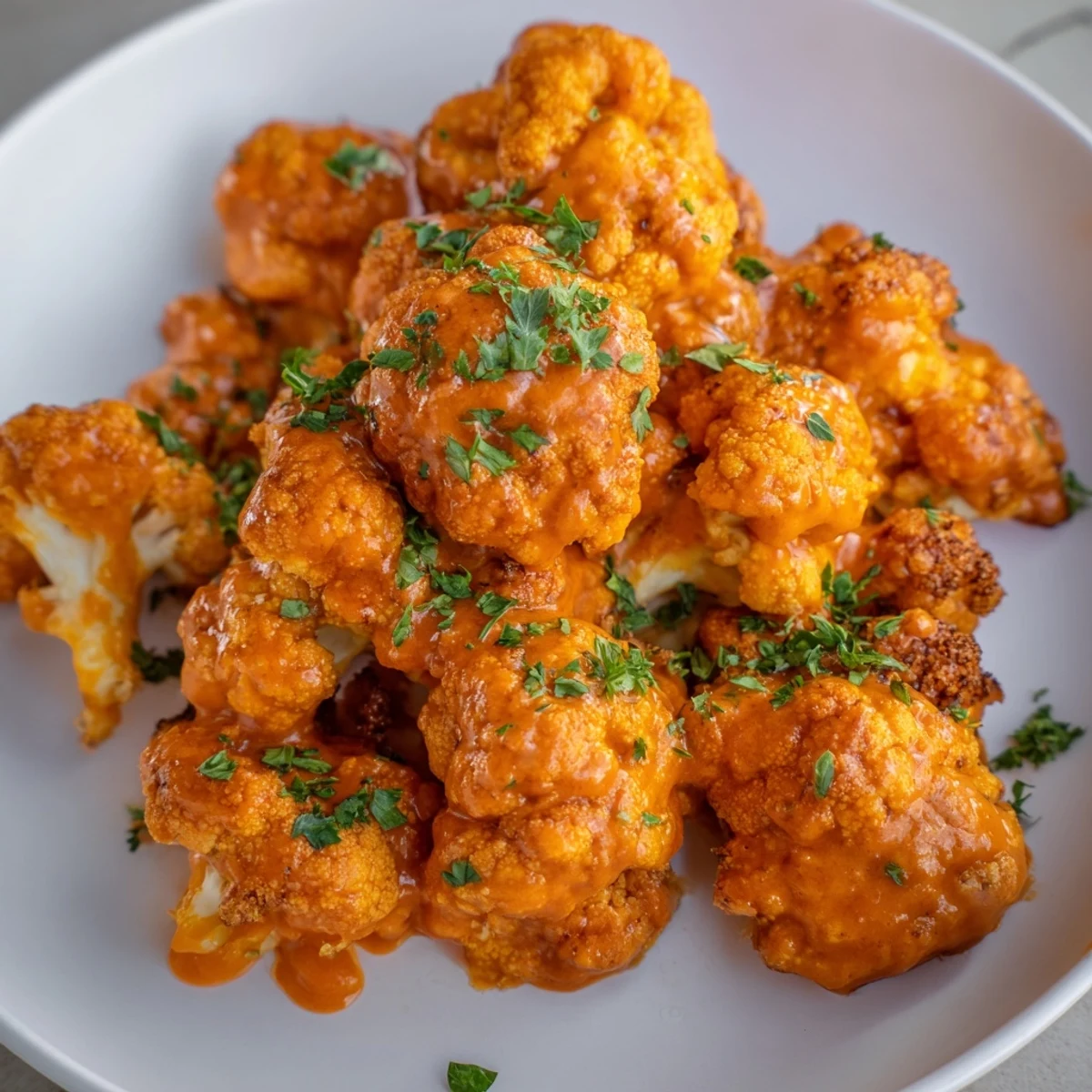 Golden-brown Buffalo Cauliflower Bites, crispy and tossed in a spicy, flavorful sauce, ready to eat.