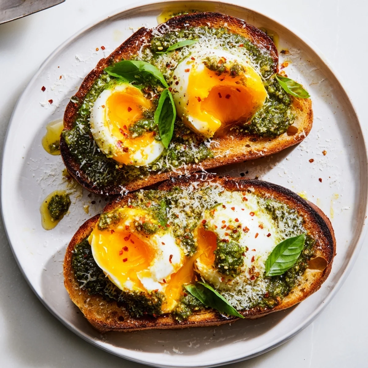 Let's break this down to the core requirements. I need 3 description texts for a photo of Pesto Egg Toast. Each description should:
