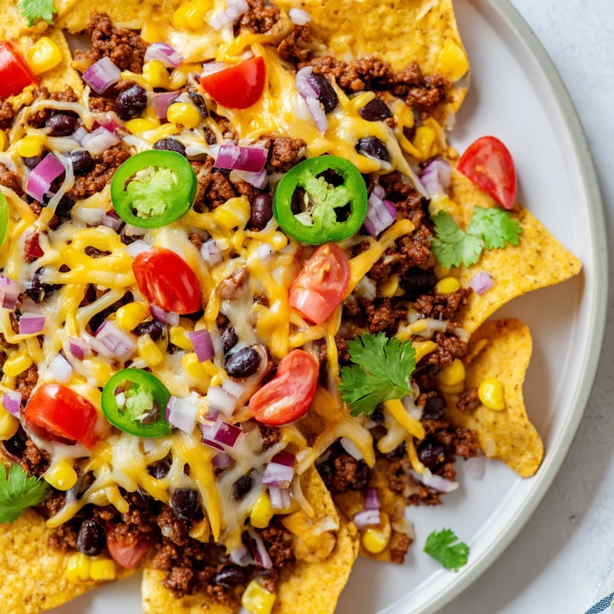 Freshly baked Easy Sheet-Pan Nachos, loaded with ingredients and served with cool toppings.