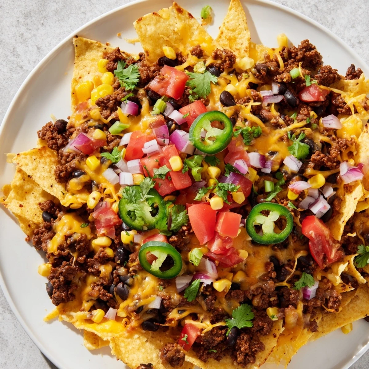Golden-baked Easy Sheet-Pan Nachos with a flavorful combo of cheese, beef, and colorful toppings.